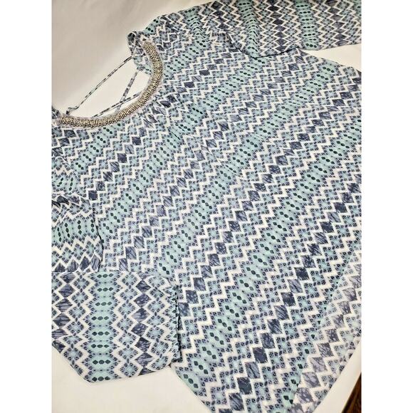 Maurices Womens Top Plus Size 3 3X Rhinestone Sheer Blouse Blue Peasant Shirt - Picture 2 of 7